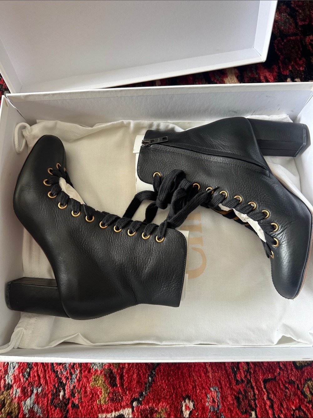 Chloe Black Leather Lace-Up Ankle Boots with Gold Eyelets - Picture 7 of 10